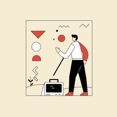 Man Walking Past Geometric Shapes in Minimalist Illustration