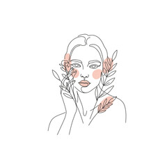 Minimal Line Art Portrait of a Woman with Pink Blush and Leaves