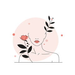Minimalist Line Art Portrait of a Woman with Pink Flowers and Leaves