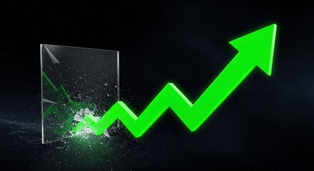 Green arrow breaks through shattered glass on dark starry background