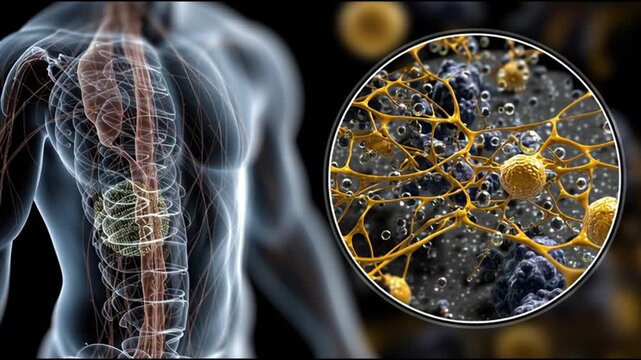 Synthesis protein. Molecular biology. Genetic code. Enzyme genetic engineering. Amino acid biosynthesis. Anatomical illustration of human body with cellular details.