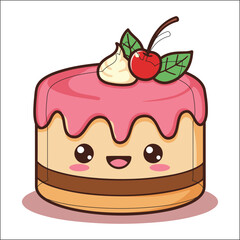 Adorable kawaii layered cake with smiling face and cherry topping delicious treat