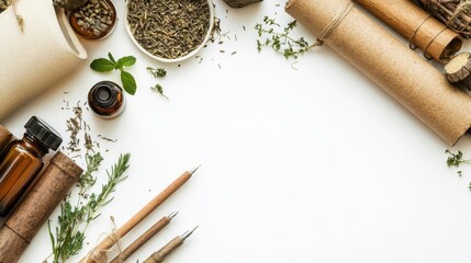 traditional medicine items, such as herbal tinctures and ancient scrolls, placed with academic achievement symbols like diplomas and pens, set against a white background with ample space for text,