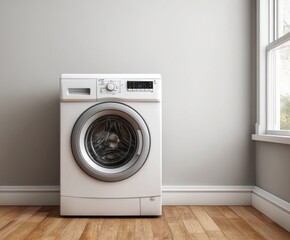 Modern white washing machine sits in a neutral laundry room corner, showcasing clean lines and simple design.