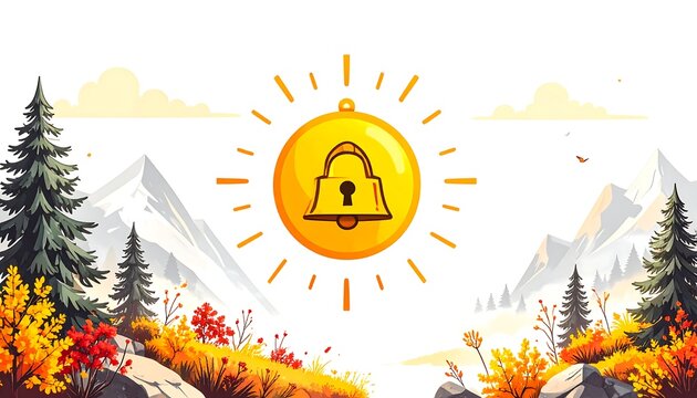 Autumnal mountain landscape with a golden bell icon. Sunny fall day - Powered by Adobe