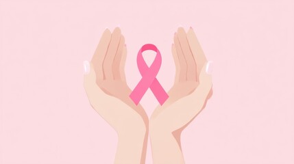 Hands holding a pink ribbon on a pink background representing breast cancer awareness and support