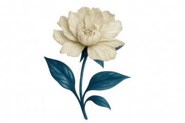 White peony flower blooming with teal leaves on a transparent background, perfect for designs related to nature, beauty, and spring