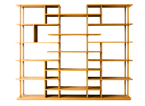 Modern wooden bookshelf with unique geometric design isolated on transparent background