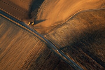 Aerial view of golden fields intersected by a winding road, showcasing agricultural patterns and textures under soft sunlight.