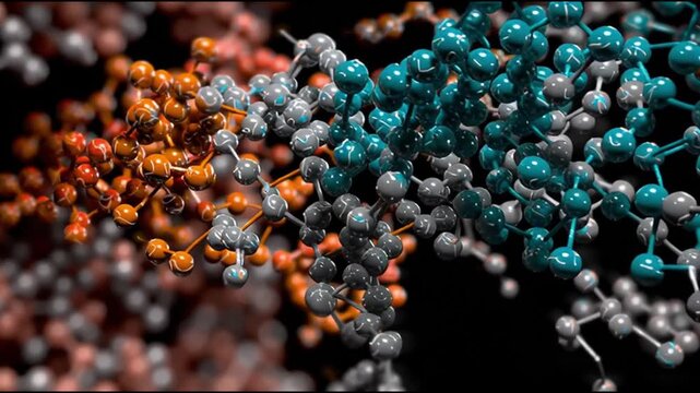 Synthesis protein. Molecular biology. Genetic code. Enzyme genetic engineering. Amino acid biosynthesis. Abstract molecular structure with colorful atoms and bonds.