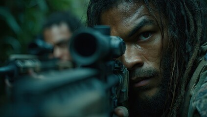Sniper in dense jungle. Focused gaze
