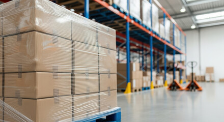 Pallets stacked with cardboard boxes wrapped in plastic film in modern warehouse storage facility aisles with shelves and manual pallet jacks for distribution logistics