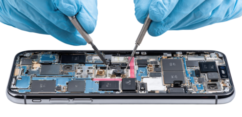 Smartphone repair in progress.  Hands in blue gloves use tweezers to work on disassembled phone circuit board