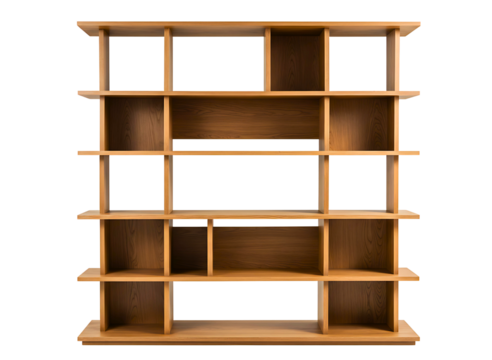 Modern wooden bookshelf with unique geometric design isolated on transparent background