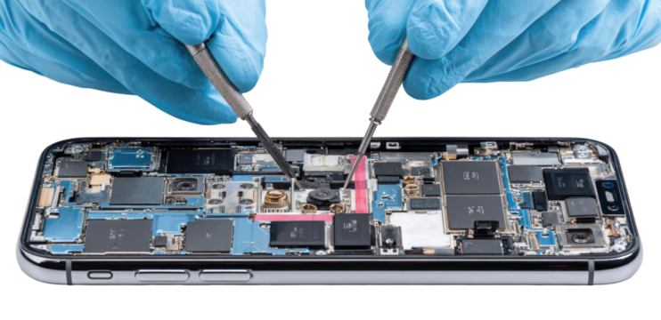 Smartphone repair in progress.  Hands in blue gloves use tweezers to work on disassembled phone circuit board