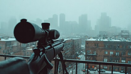 Sniper rifle sighted on city in snow