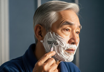 Elderly asian man with gray hair applies shaving cream to face and carefully shaves with safety razor in morning routine, concentration and self care reflected in serene expression