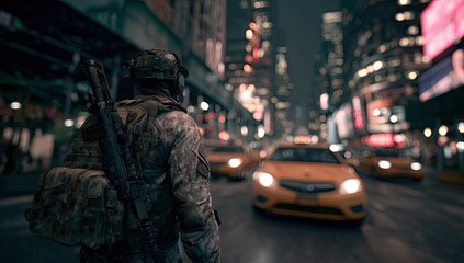 Soldier in camouflage gear patrols a city street at night
