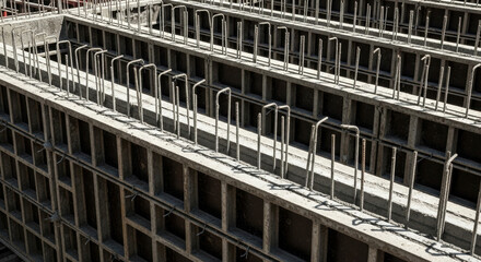 Reinforced concrete structural foundation framework with parallel steel rebar grids at construction site prepared for pouring, modern civil engineering infrastructure