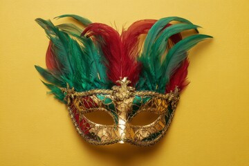 A Mardi Gras mask with red gold and green feathers on a yellow background
