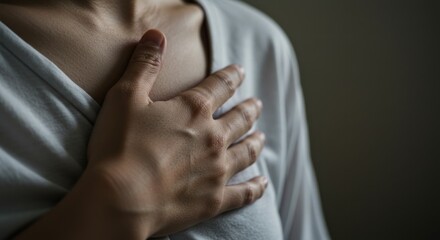 Hand on chest light colored shirt against dark background