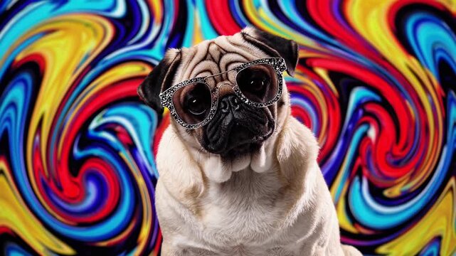 A pug wearing sunglasses sits in front of a vibrant, swirling abstract background. Shot from a front angle, ideal for a playful video theme.