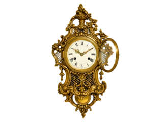 Ornate antique gold wall clock with intricate carvings isolated on transparent background