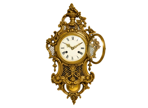 Ornate antique gold wall clock with intricate carvings isolated on transparent background - Powered by Adobe