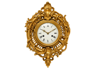 Ornate antique gold wall clock with intricate carvings isolated on transparent background