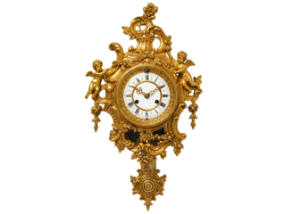 Ornate antique gold wall clock with intricate carvings isolated on transparent background