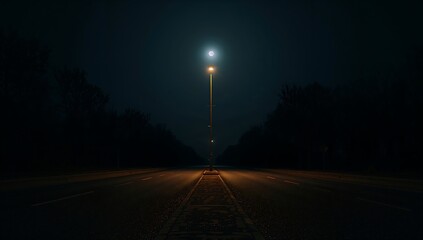 A long road at night, illuminated by a street light, surrounded by dark trees.