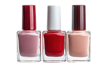 Three nail polish bottles in transparent containers, showcasing various shades of red, pink, and beige.  