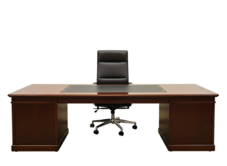 Executive dark wood desk and black leather chair isolated on transparent background