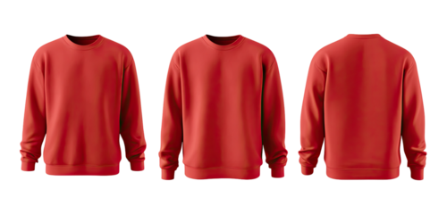 Three views of a red crew neck sweatshirt