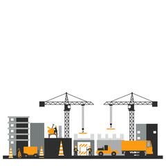 Construction Site with Cranes and City Buildings