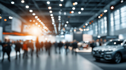 Blurred car show with attendees and ceiling lights for automotive events, abstract backgrounds, business presentations, conventions, and technology themes.