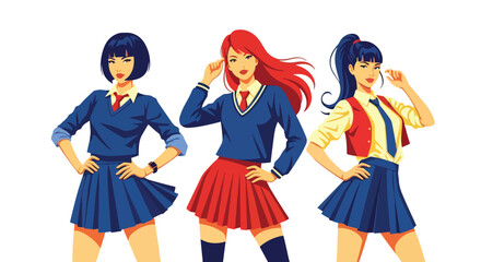 Set of stylish illustrations of young women in school uniforms with blazers, skirts, and ties, representing education, youth culture, fashion, and modern academic lifestyle concepts