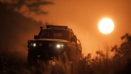 SUV in sunset, dusty landscape
