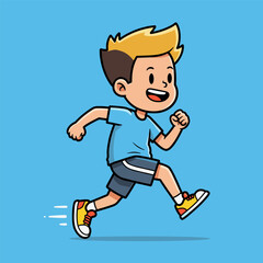 A joyful cartoon boy with spiky blond hair runs energetically, smiling wide with motion lines trailing behind him—capturing playful speed and excitement against a light blue background.