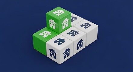 Cubes with house icons represent the real estate market, property investment, and housing development in a modern, abstract, and minimalist style