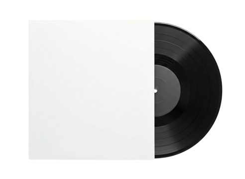 Black vinyl record with white label in a white sleeve isolated on transparent background