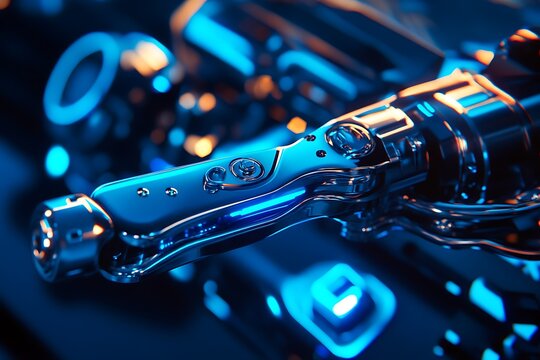 Close up of a shiny metallic object with blue and orange lighting creating a futuristic appearance
