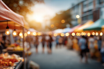 Obraz premium Blurred lights and people at an outdoor market stall, perfect for backgrounds, concept designs, holiday promotions, festive content.