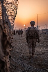 Soldier walks away from barbed wire fence at sunset