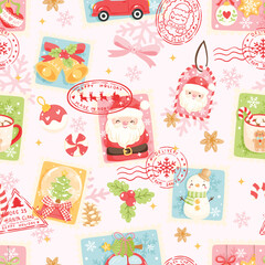Cute Christmas Postage Seamless Pattern, Santa, Snowman, Tree, Bells, Holiday Mug, Festive Winter Decoration Vector Illustration