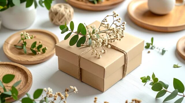 Hands decorating a brown gift box with flowers and leaves