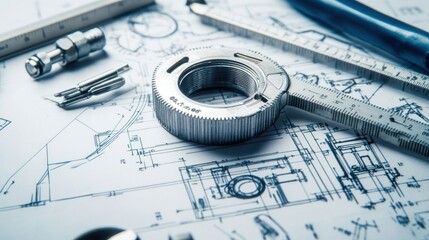 design blueprint for a mechanical engineering project, surrounded by tools like calipers and rulers on blurred background