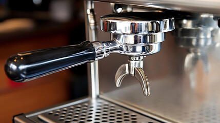 Close-up of a shiny espresso machine portafilter