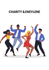Two couples, charity and eneylene, joyfully dancing together. Perfect for lifestyle magazines, social media posts, event promotions, and diversitythemed advertising.