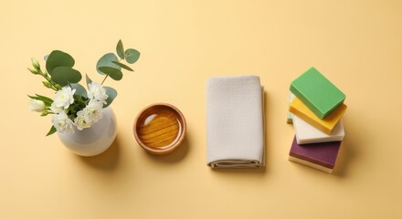 Flat lay of spa items including a vase of flowers, a bowl of herbs, a folded towel, and colorful soaps on a yellow background